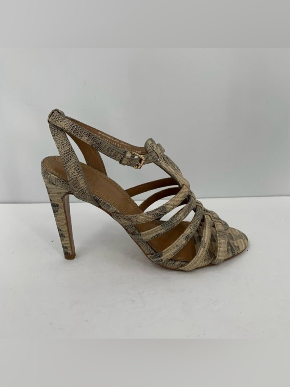 Tory Burch Charlene leather cream snake strappy heel sandal cage tan 8.5